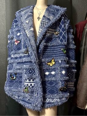 Johnny Was Blue Patchwork Jacket with Butterfly Patches